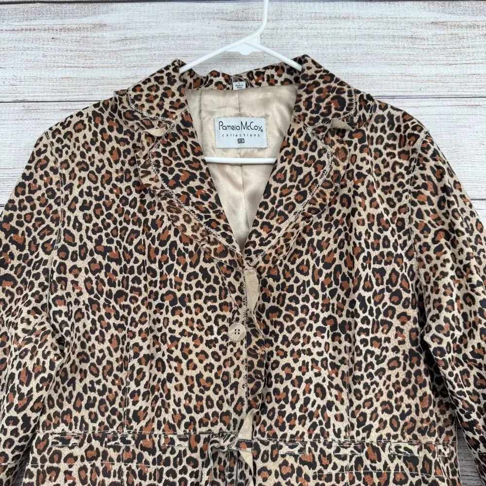 Pamela McCoy Collections Leopard Print Leather Blazer Women's Large Beige